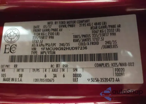 2017 Ford Escape Se from USA, damaged, VIN 1FMCU9G92HUD97236